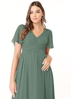 Azazie Verna At-home Try On Dresses A-Line V-Neck Ruched Chiffon Floor-Length Dress image5