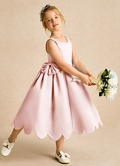 Azazie Macaroon Flower Girl Dresses Blushing Pink Ball-Gown Bow Matte Satin Dress image1