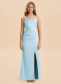 Azazie Christen Junior Vestido de Azul Cielo de Satén Elástico de Corte en A con Plisado image3