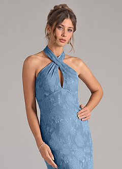 Azazie Marlissa Bridesmaid Dresses Steel Blue Sheath Pleated Floral Burnout Dress image4