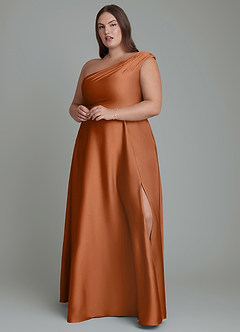 Azazie Melanie Robes de demoiselle d'honneur Robe Trapèze en Satin extensible Épaules dénudées Cuivre image7