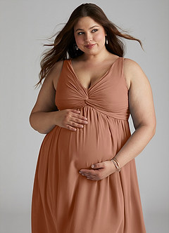 Azazie Yetta Maternity Bridesmaid Dresses A-Line V-Neck Gathered Chiffon Floor-Length Dress image8