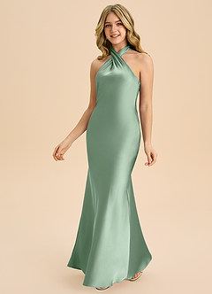 Azazie Chickie Junior 쉬스 주름진 스트레치 새틴 플로어 길이 주니어 신부 들러리 드레스 image5