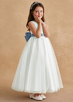 Azazie Cookie Flower Girl Dresses Ivory Dusty Blue A-Line Bow Tulle Dress image3