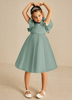 Azazie Kaeya Flower Girl Dresses Silver Sage A-Line Bow Tulle Dress image3