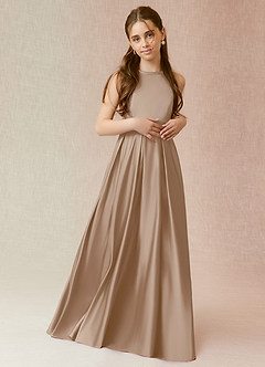 Azazie Arianthe Junior Vestido de Gris Pardo de Satén Elástico de Corte En A con Con bolsillos image2