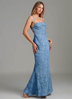 Azazie Ola Vestidos de damas de honor Vestido de Azul Acero de Devorado Floral de Corte Sirena con Corsé image3