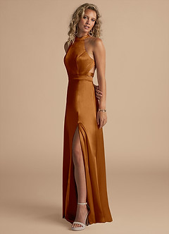 Azazie Clarice Robes de demoiselle d'honneur Robe Trapèze en Satiné métallisé Col Haut Cuivre image3