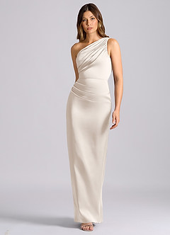 Azazie Akilah Bridesmaid Dresses White Alabaster Mermaid One Shoulder Stretch Satin Dress image4