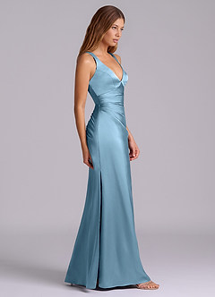 Azazie Amelie Vestidos de damas de honor Vestido de Azul Acero de Satén Elástico de Corte en A con Plisado image3