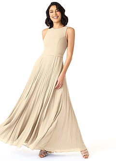 Azazie Lindie Bridesmaid Dresses Champagne A-Line Scoop Pleated Chiffon Dress image3