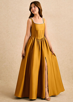 Azazie Enid Girls Formal Blomsterpigekjoler A-Line Perlebesat Stræk satin Gulv-længde Kjole image3