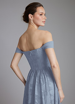 Azazie Raisa At-home Try On Dresses Dusty Blue A-Line Off the Shoulder Floral Burnout Dress image8