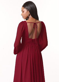 Azazie Norah Bridesmaid Dresses Burgundy A-Line V-Neck Long Sleeve Chiffon Dress image3