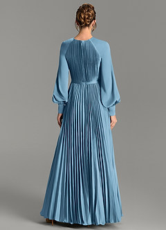 Azazie Grayson Bridesmaid Dresses Steel Blue A-Line Long Sleeve Stretch Satin Dress image2