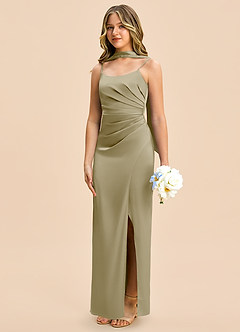 Azazie Calandra Junior Moss Green Sheath Pleated Stretch Satin Dress image4