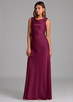 Azazie Nerine Bridesmaid Dresses Red Plum A-Line Pleated Stretch Satin Dress image1