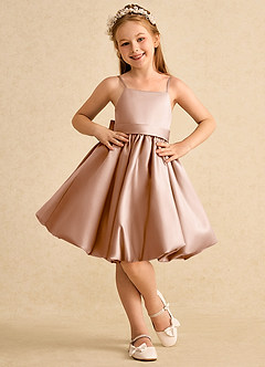 Azazie Davine vestidos de niña de las flores Vestido de Champán Rosado de Satin Mate de Corte En A con Tirante Espagueti image3