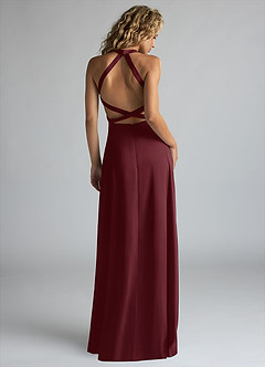 Azazie Clarice Robes de demoiselle d'honneur Robe Trapèze en Satin extensible Col Haut Cabernet image3