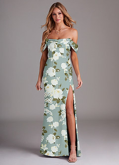 Azazie Saige Bridesmaid Dresses Misty Floral Garden Sheath Off the Shoulder Stretch Satin Dress image3