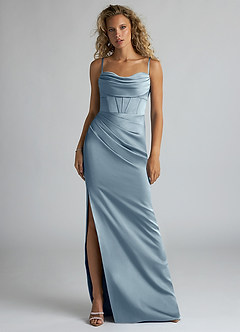 Azazie Mai Bridesmaid Dresses Dusty Blue Sheath Pleated Stretch Satin Dress image1