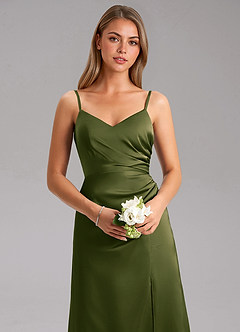 Azazie Azuree Robes de demoiselle d'honneur Robe Trapèze en Satin extensible Plissé Olive Vif image8