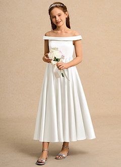 Azazie Teeny Junior Formal Jurken voor bloemenmeisjes A-Lijn Jurk van Mat Satijn Geplooid Ivoor image1