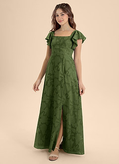 Azazie Bondi Junior Olive A-Line Bow Floral Burnout Dress image1