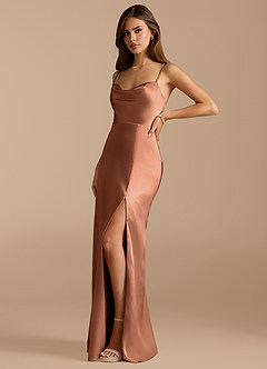 Azazie Erma At-home Try On Dresses Bronzer A-Line Side Slit Metallic Satin Dress image4