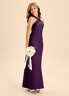 Azazie Doretta Junior Grape A-Line Pleated Stretch Satin Dress image7