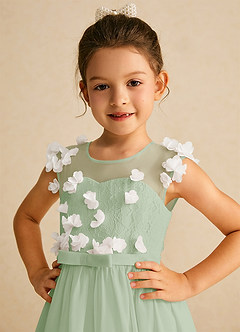 Azazie Arlo Flower Girl Dresses Ivory Dusty Sage A-Line Bow Chiffon Dress image2