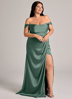 Azazie Johana Brudtärnklänningar Klä av Sjöjungfru i Stretch Satin Av axeln Eukalyptus Konvertibel image11