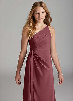 Azazie Mika Junior Robe Trapèze en Satin extensible Plissée Rose Du Désert image4