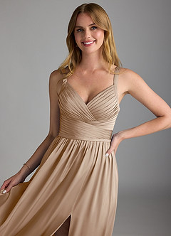 Azazie Chanel Final Sale Taupe A-Line Pleated Stretch Satin Dress image3