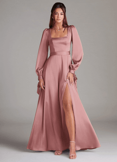 Azazie Leonia Bridesmaid Dresses Dusty Rose A-Line Long Sleeve Stretch Satin Dress image1