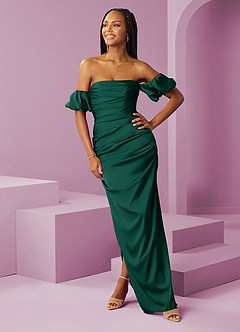 Barbie ♥ Azazie Bridesmaid Dresses Emerald Sheath Off the Shoulder Stretch Satin Convertible Dress image3