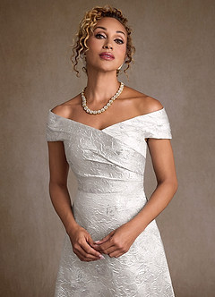Azazie Lacey Mother of the Bride Dresses Silver Jacquard A-Line Off the Shoulder Floral Jacquard Dress image7