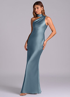 Azazie Seona Robes de demoiselle d'honneur Robe Sirène en Satin extensible Une épaule Bleu Poussiéreux image6