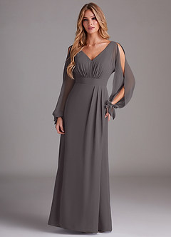 Azazie Matilda Bridesmaid Dresses Steel Grey A-Line Long Sleeve Chiffon Dress image3