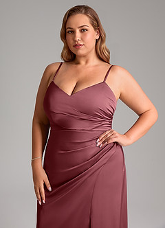 Azazie Azuree Vestidos de damas de honor Vestido de Rosa Del Desierto de Satén Elástico de Corte en A con Plisado image6