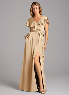 Azazie Lainey Bridesmaid Dresses Champagne A-Line with Pockets Stretch Satin Dress image3