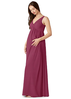 Azazie Yetta Maternity Bridesmaid Dresses A-Line V-Neck Gathered Chiffon Floor-Length Dress image4