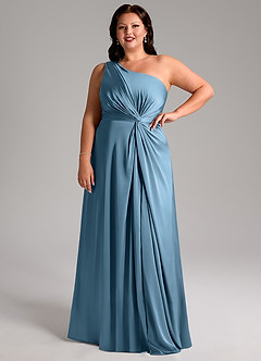 Azazie Brooke Vestidos de damas de honor Vestido de Azul Acero de Satén Elástico de Corte en A con Hombro unilateral image12