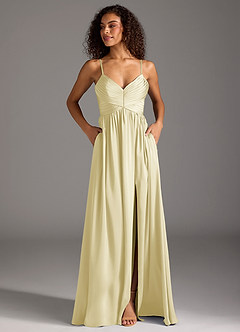 Azazie Alia Robes de demoiselle d'honneur Robe Trapèze en Satin extensible Plissée Sorbet Citron image7