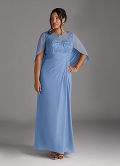 Azazie Hera At-home Try On Dresses Steel Blue A-Line Lace Capelet Chiffon Dress image6