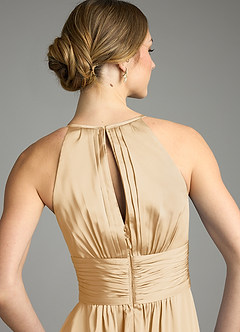 Azazie Bonnie Bridesmaid Dresses Gold A-Line Pleated Stretch Satin Dress image6