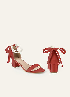 front Matching Color Matte Satin Pearl and Bow Open Toe Chunky Heel Sandals