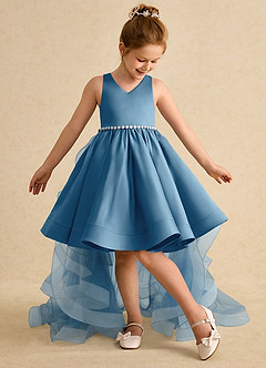 Azazie Julietta Flower Girl Dresses Steel Blue Ball-Gown Convertible Tulle Dress image5