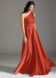 Azazie Charlize Bridesmaid Dresses Rust A-Line One Shoulder Stretch Satin Dress image3