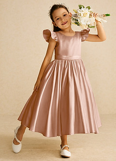 Azazie Violeta vestidos de niña de las flores Vestido de Champán Rosado de Satin Mate de Princesa con Lazo image1